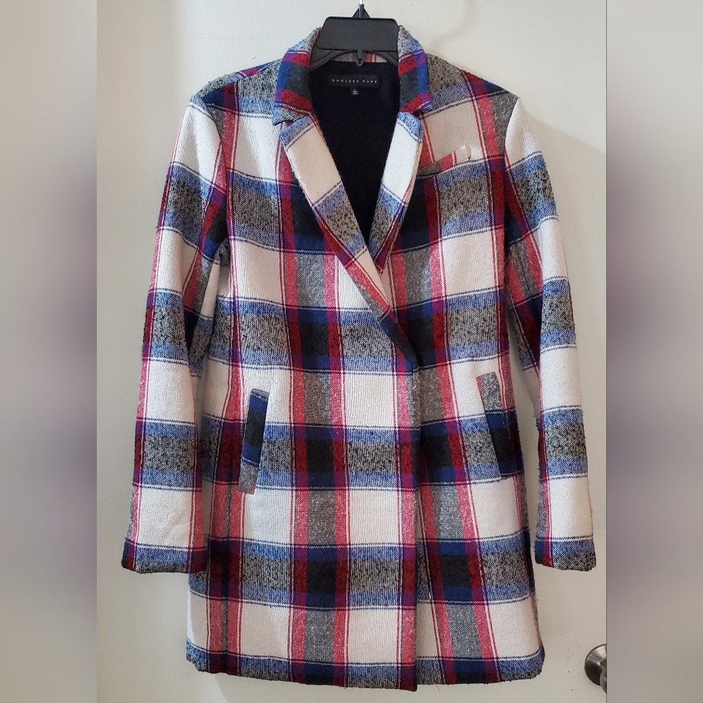 Plaid wool fall / winter jacket in red, blue, black & white, size S, Revolve